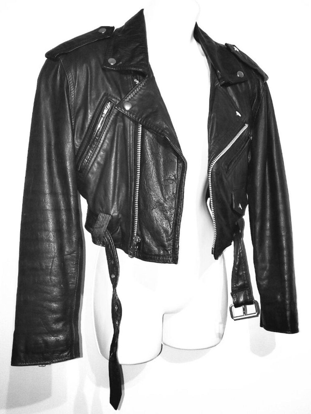 Vintage 90s Contempo Casuals Black Leather Cropped Padded Jacket Small